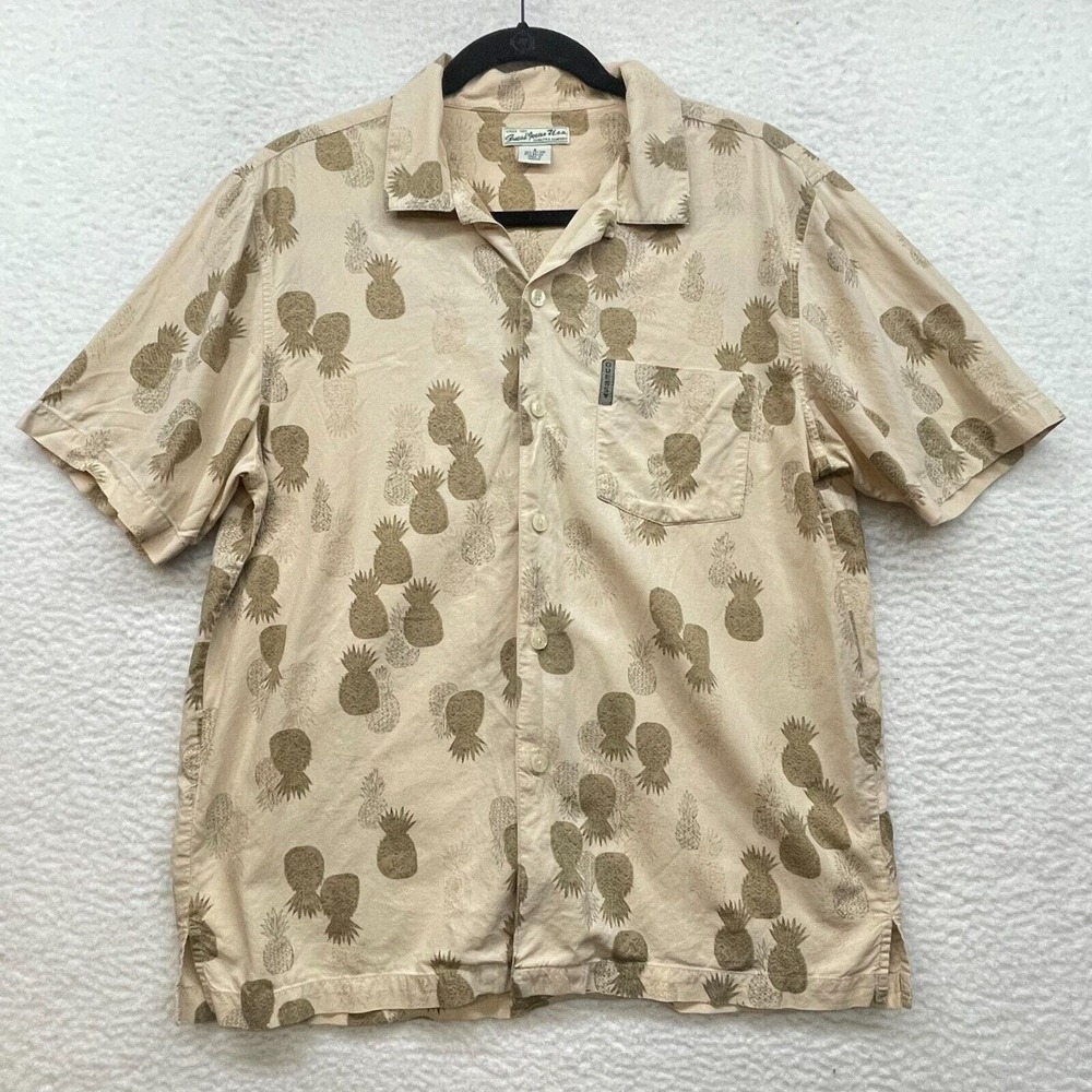 Vintage Guess Shirt Mens Small Beige Button Down Pineapple Hawaiian Beach Casual